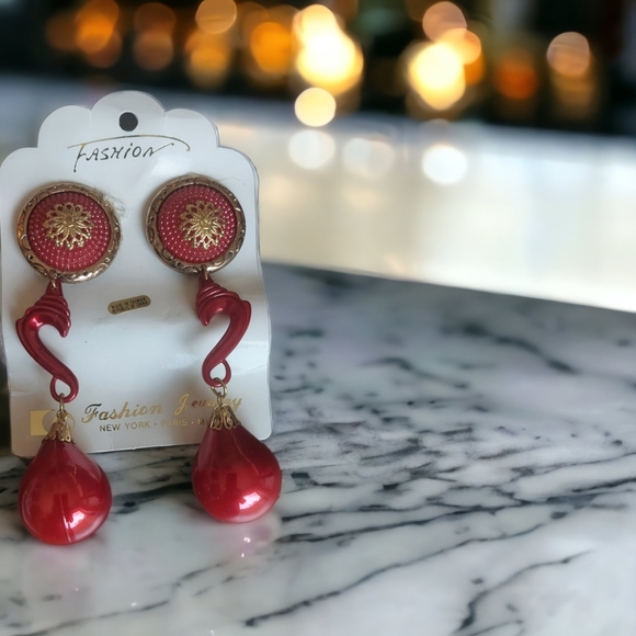 Dangling Earrings 4” Gold Toned Accent Teardrop Style 80's Fashion Set Of 4 - Picture 3 of 11